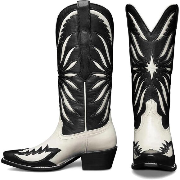 ⚡Women Black Faux Leather Mid Calf Knee High Pointed Toe Western Cowgirl Boots - Picture 1 of 7
